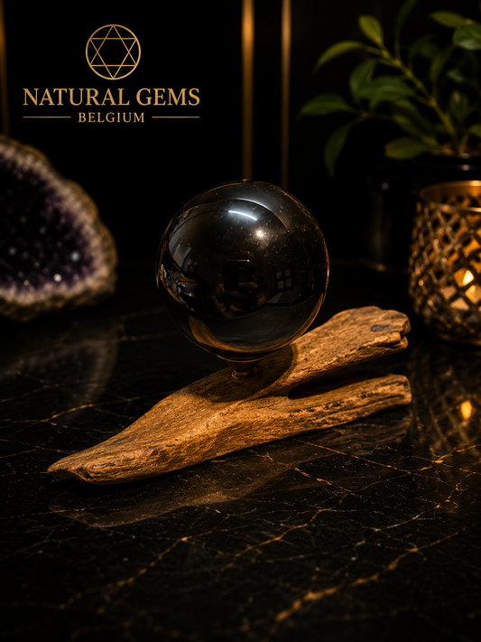 Natural Black Obsidian Sphere (50 mm) with Handcrafted Wooden Display Stand – Crystal Display Set