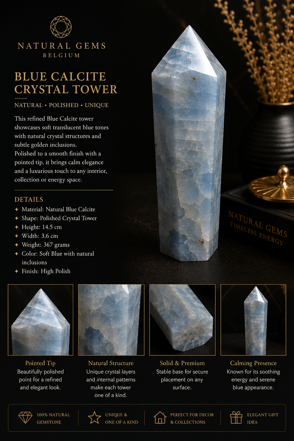 Natural Blue Calcite Crystal Tower – Polished Decorative Point – 14.5 cm - Natural Gems Belgium