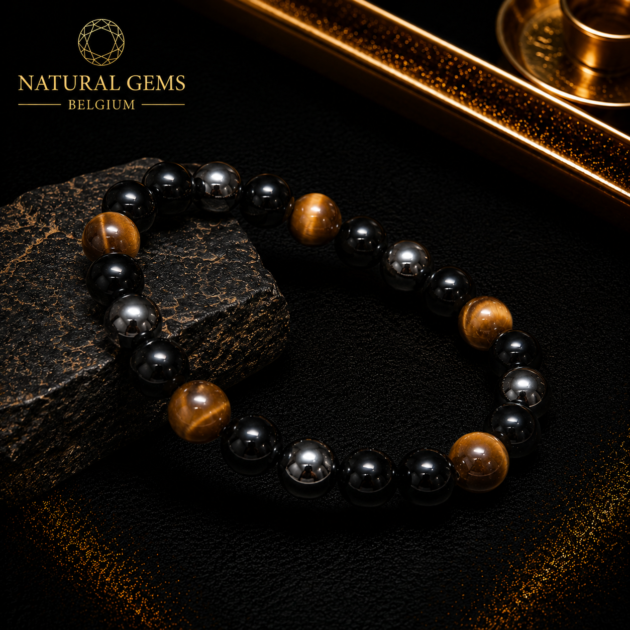 Natural Gold Tiger Eye, Hematite & Black Obsidian Bead Bracelet 8 mm – Genuine Gemstone Bracelet