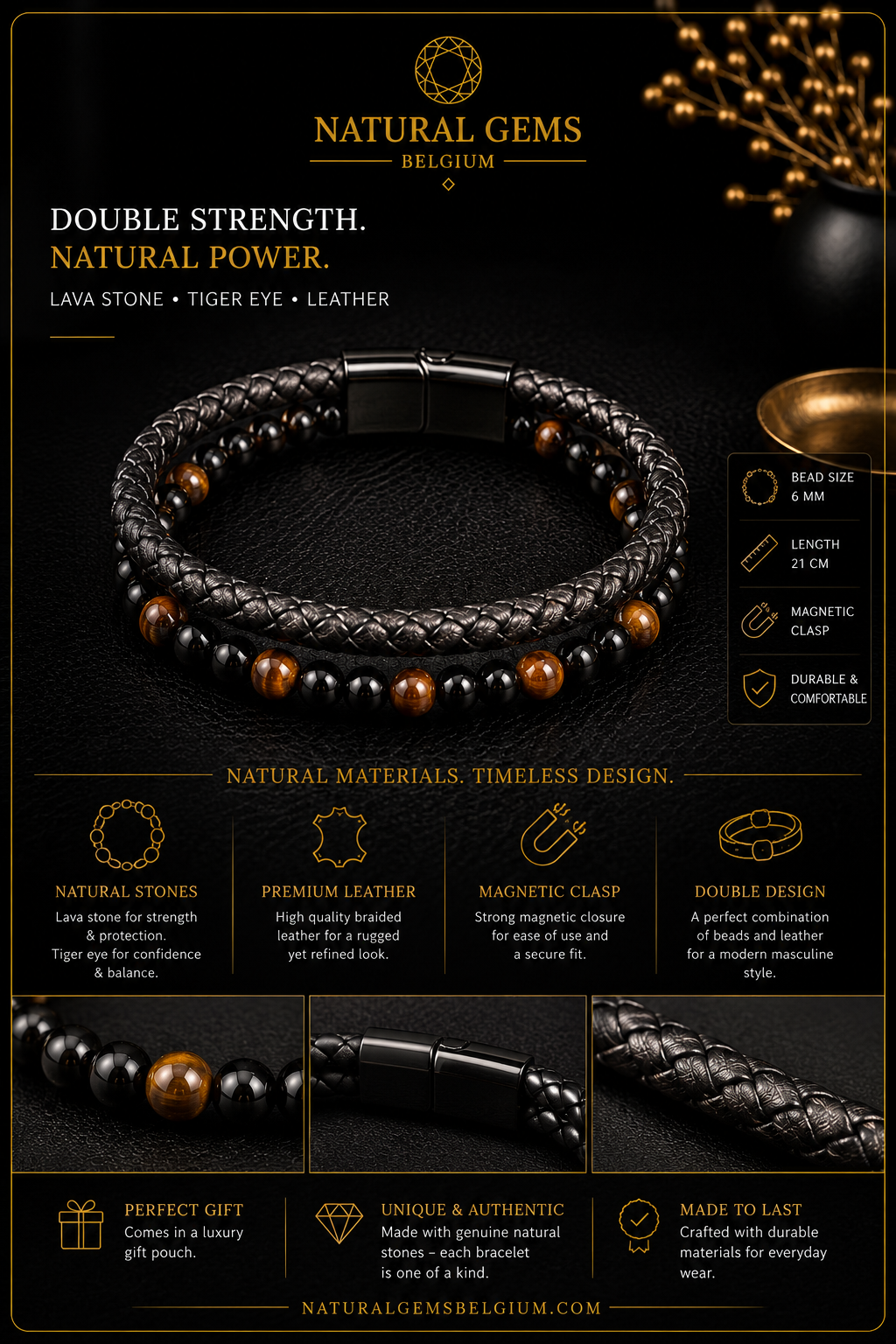 Black leather bracelet with brown beads on a dark background, featuring Natural Gems Belgium branding.