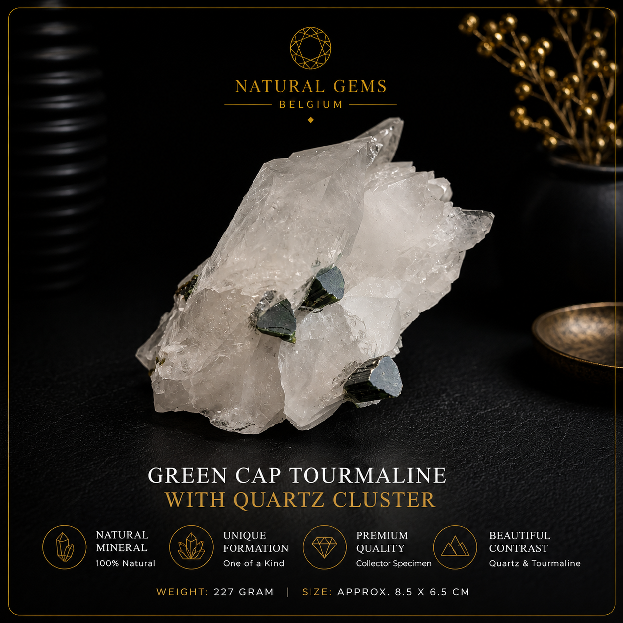 Tourmaline naturelle à coiffe verte sur un amas de cristaux de quartz – Spécimen minéral de collection – 227g