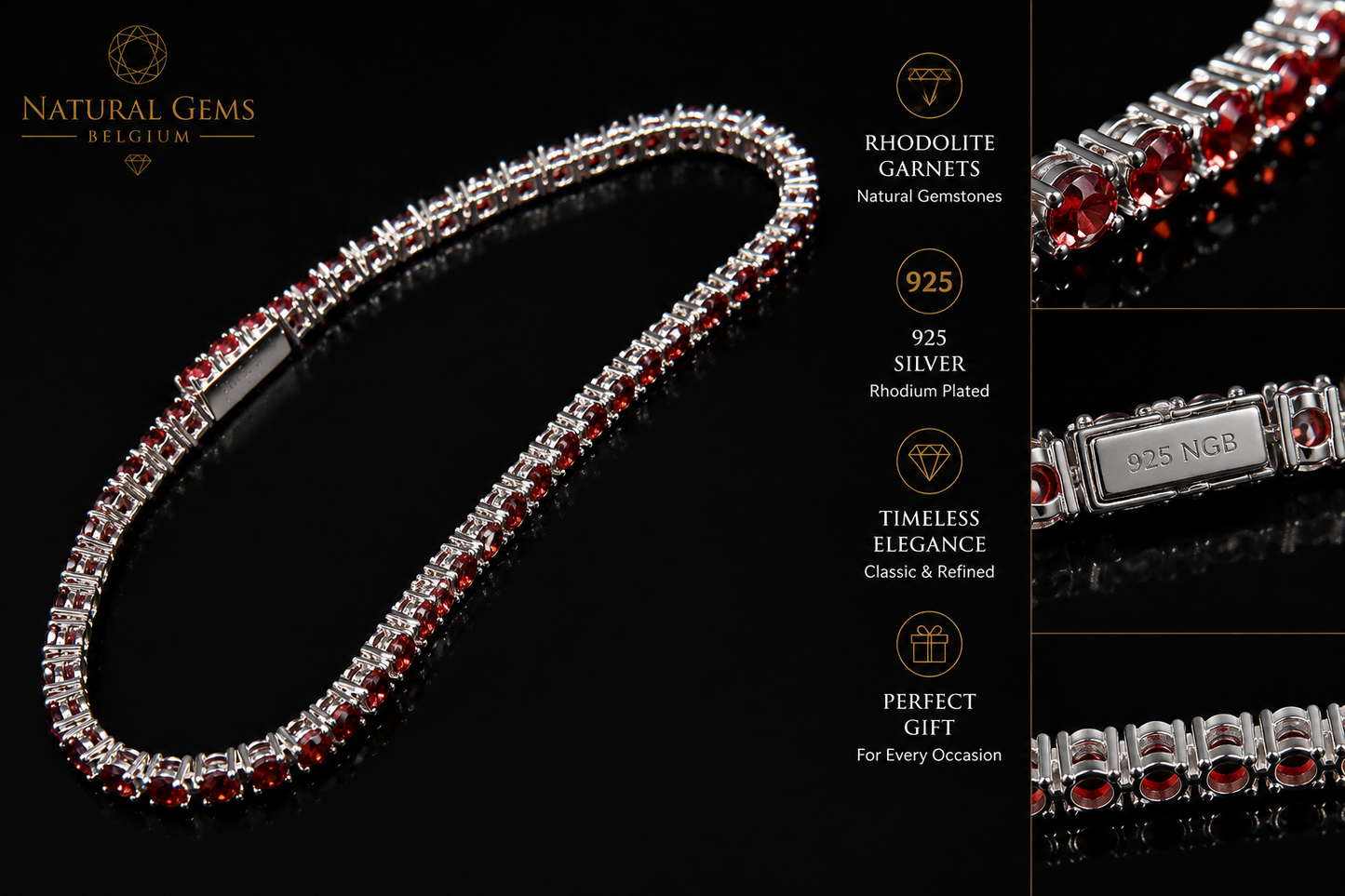 Natural Rhodolite Garnet Tennis Bracelet 925 Sterling Silver – 56 Natural Garnets – 3 mm – 17.5 cm – NGB Certified