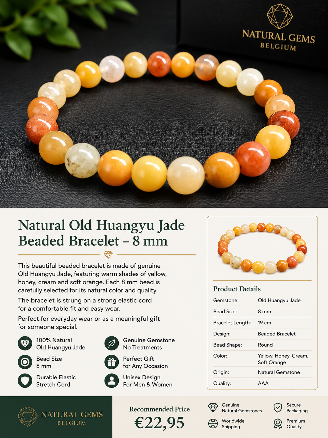 Bracciale con perline di giada naturale antica Huangyu – 8 mm – 19 cm – Bracciale con pietre preziose autentiche