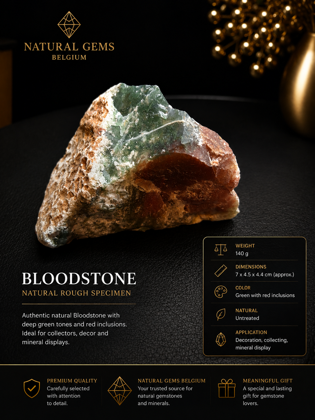 Natural Bloodstone Rough Specimen – Green & Red Decorative Collector Stone – 140 g - Natural Gems Belgium