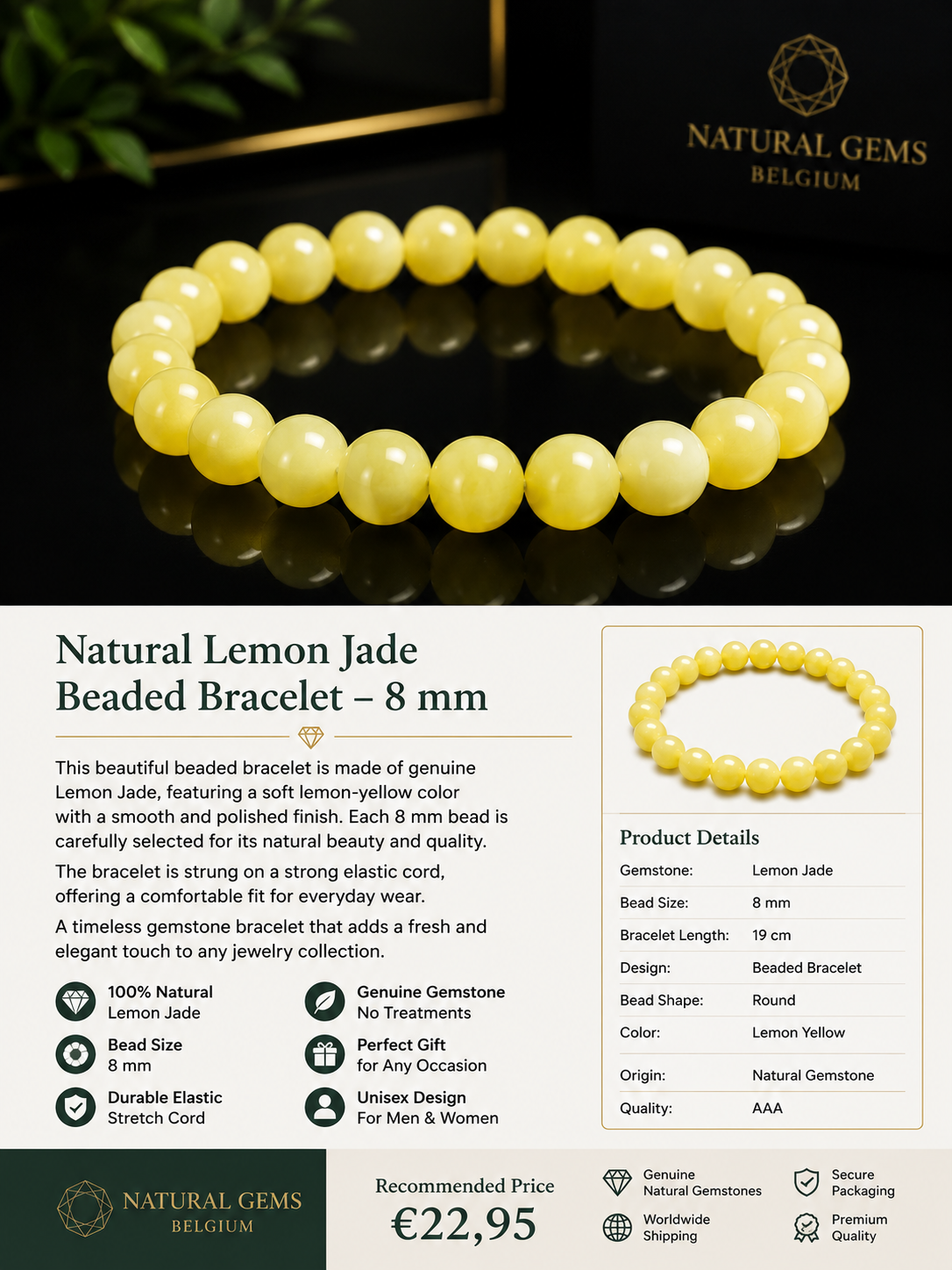 Natural Lemon Jade Beaded Bracelet – 8 mm | 19 cm
