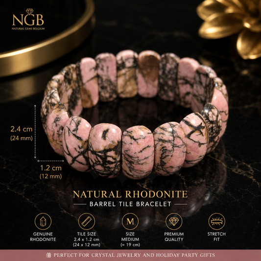 Natural Rhodonite Statement Bracelet – Large Rhodonite Barrel Tiles (Medium Size)