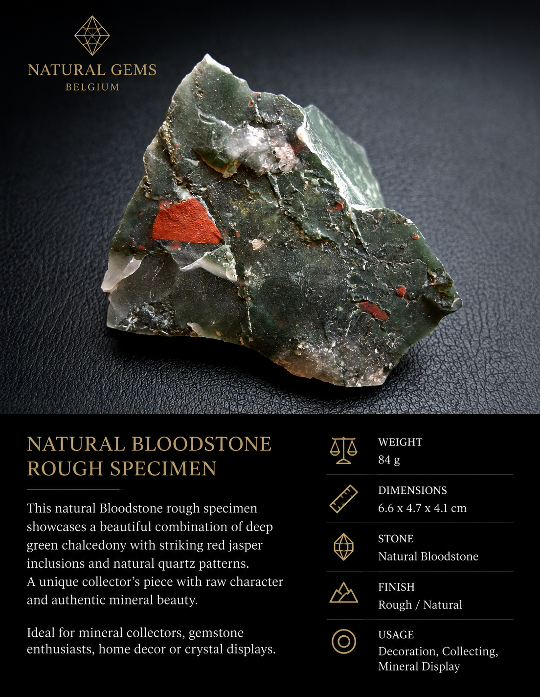 Natural Bloodstone Rough Specimen – 84 g – 6.6 x 4.7 x 4.1 cm – Collector Mineral Decor Stone