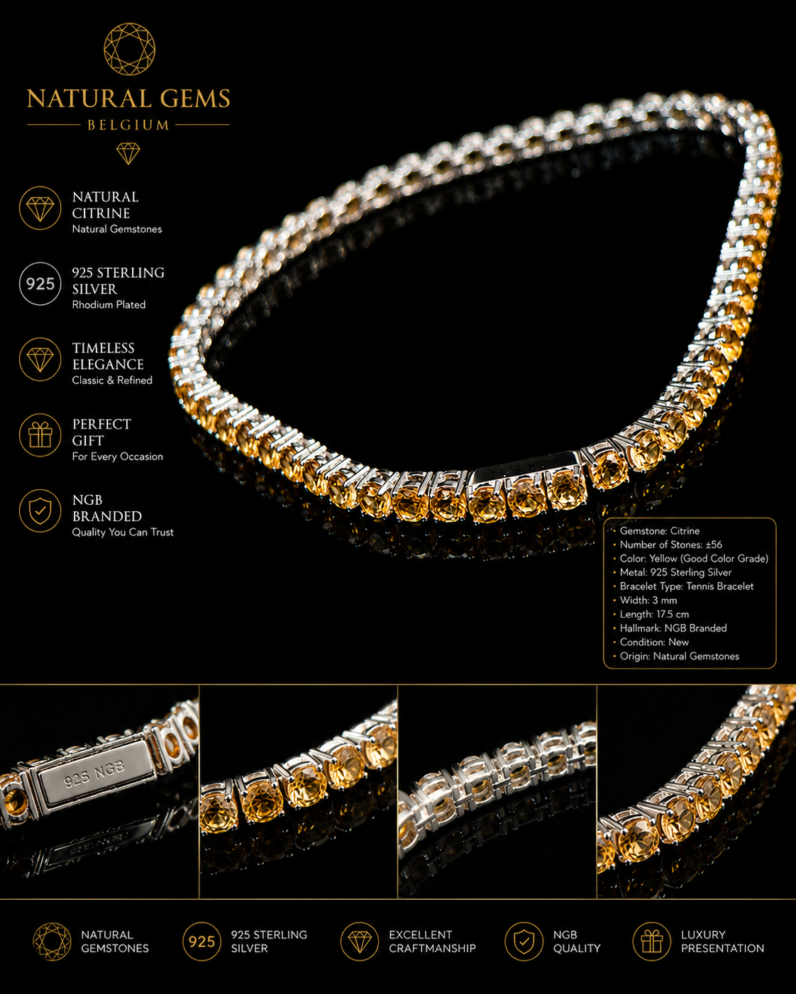 Natural Citrine Tennis Bracelet 3 mm – 925 Sterling Silver – NGB Branded – 17.5 cm