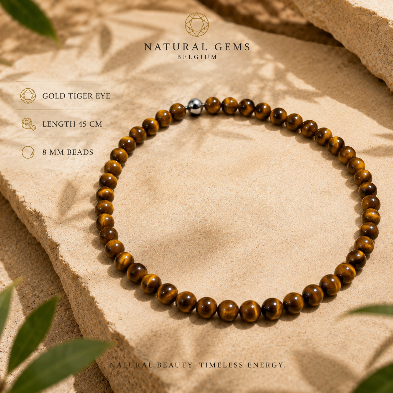 Natural Gold Tiger Eye Beaded Necklace – 8 mm Beads – Magnetic Clasp – 45 cm - Natural Gems Belgium