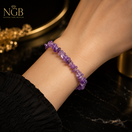 Natural Amethyst Chip Bracelet – Genuine Purple Gemstone Bracelet (19 cm)