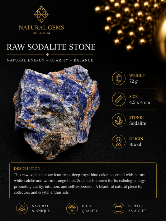 Natural Raw Sodalite Stone – Deep Blue Rough Sodalite Crystal – 72 g – 4.5 x 4 cm - Natural Gems Belgium