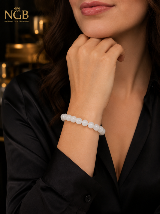 Natural Hetian White Jade Bracelet – 8 mm Genuine White Jade Beads (19 cm)