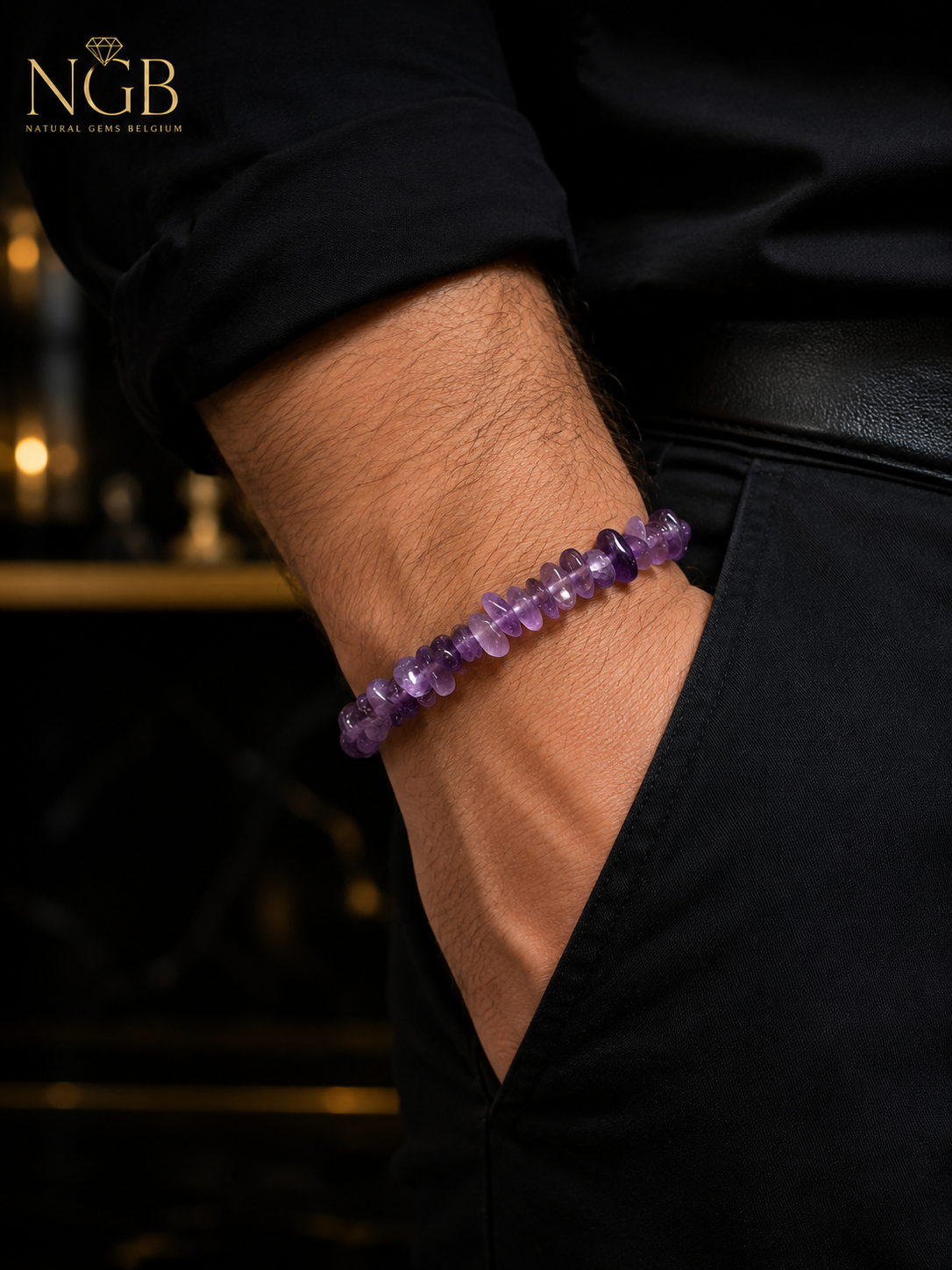 Bracelet en éclats d'améthyste naturelle – Bracelet en pierres précieuses violettes véritables (19 cm)