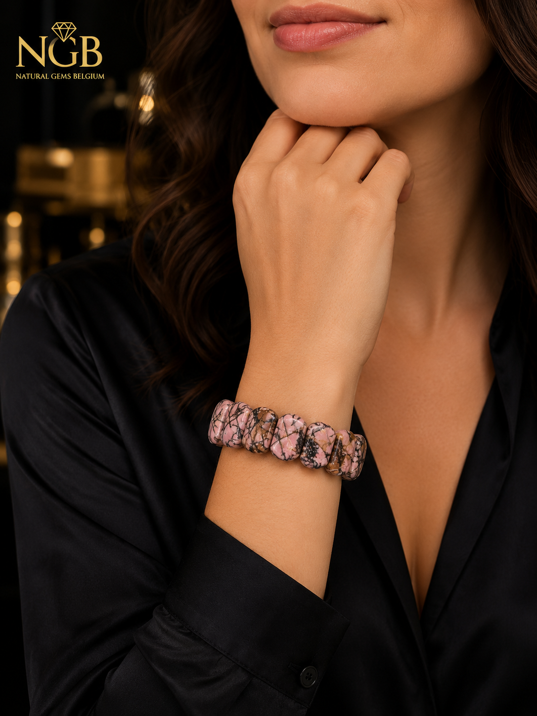 Bracelet Original Rhodonite Naturelle – Grandes Tuiles Baril de Rhodonite (Taille Moyenne)