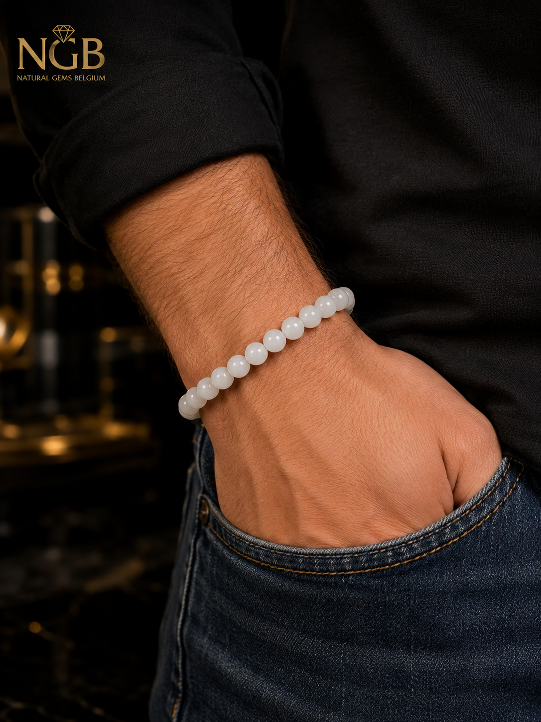 Natural Hetian White Jade Bracelet – 8 mm Genuine White Jade Beads (19 cm)
