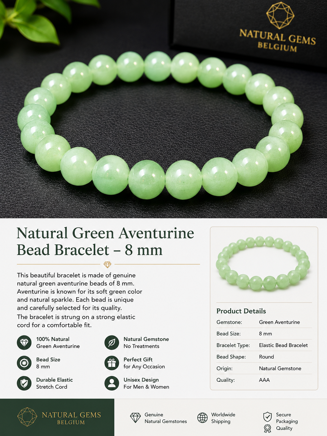 Bracciale di perline - Avventurina - 8mm - Avventurina verde