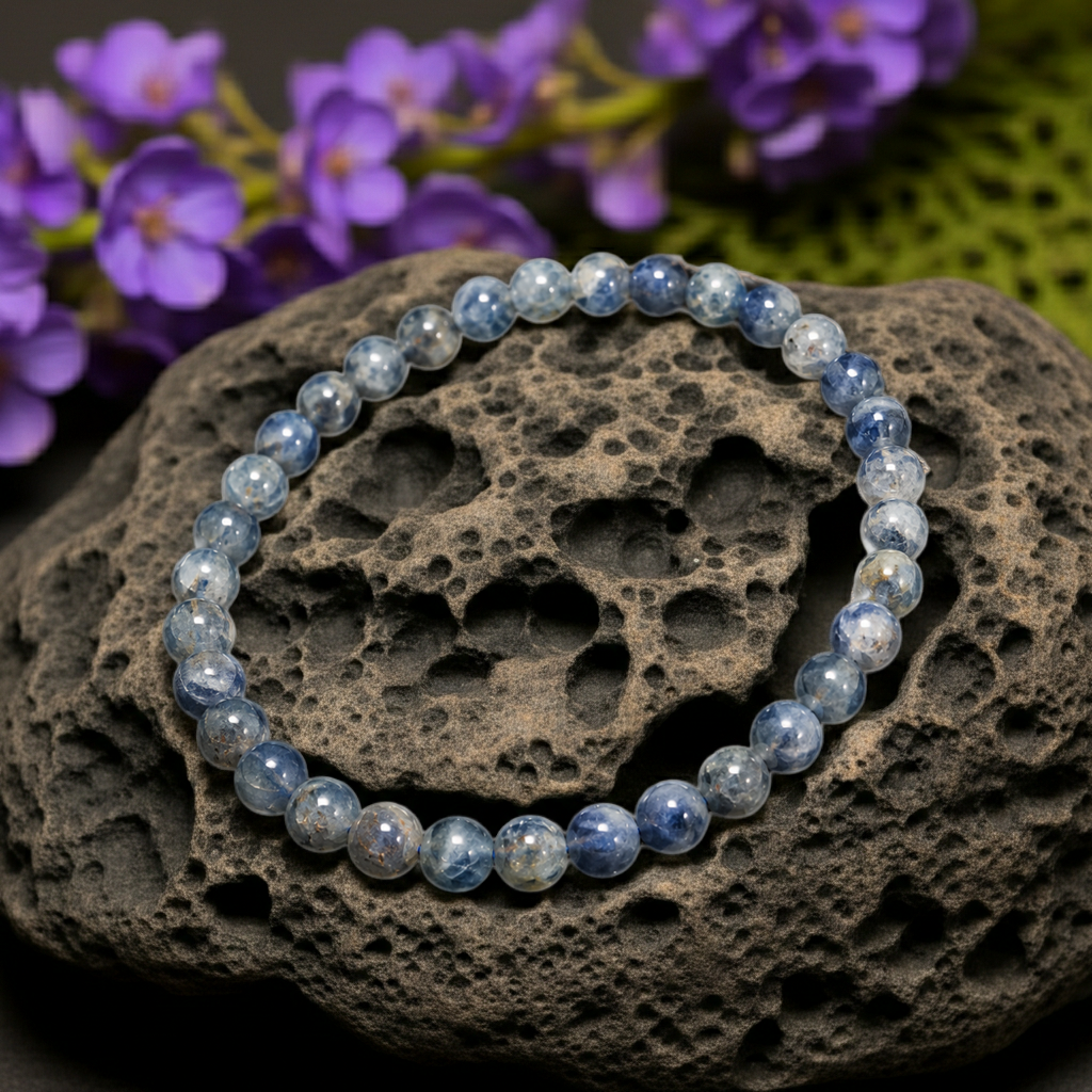 Bracelet perles cyanite naturelle 5 mm – Véritable bracelet pierres précieuses cyanite bleue