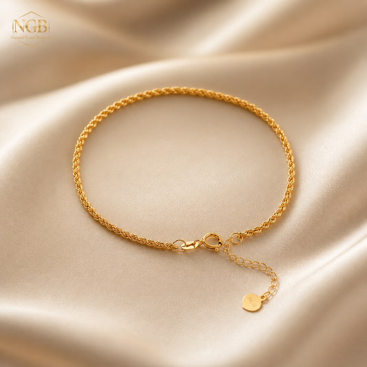 18K Gold Rope Chain Bracelet – Adjustable 15–18 cm | Luxury Yellow Gold Bracelet for Women | NGB Jewelry