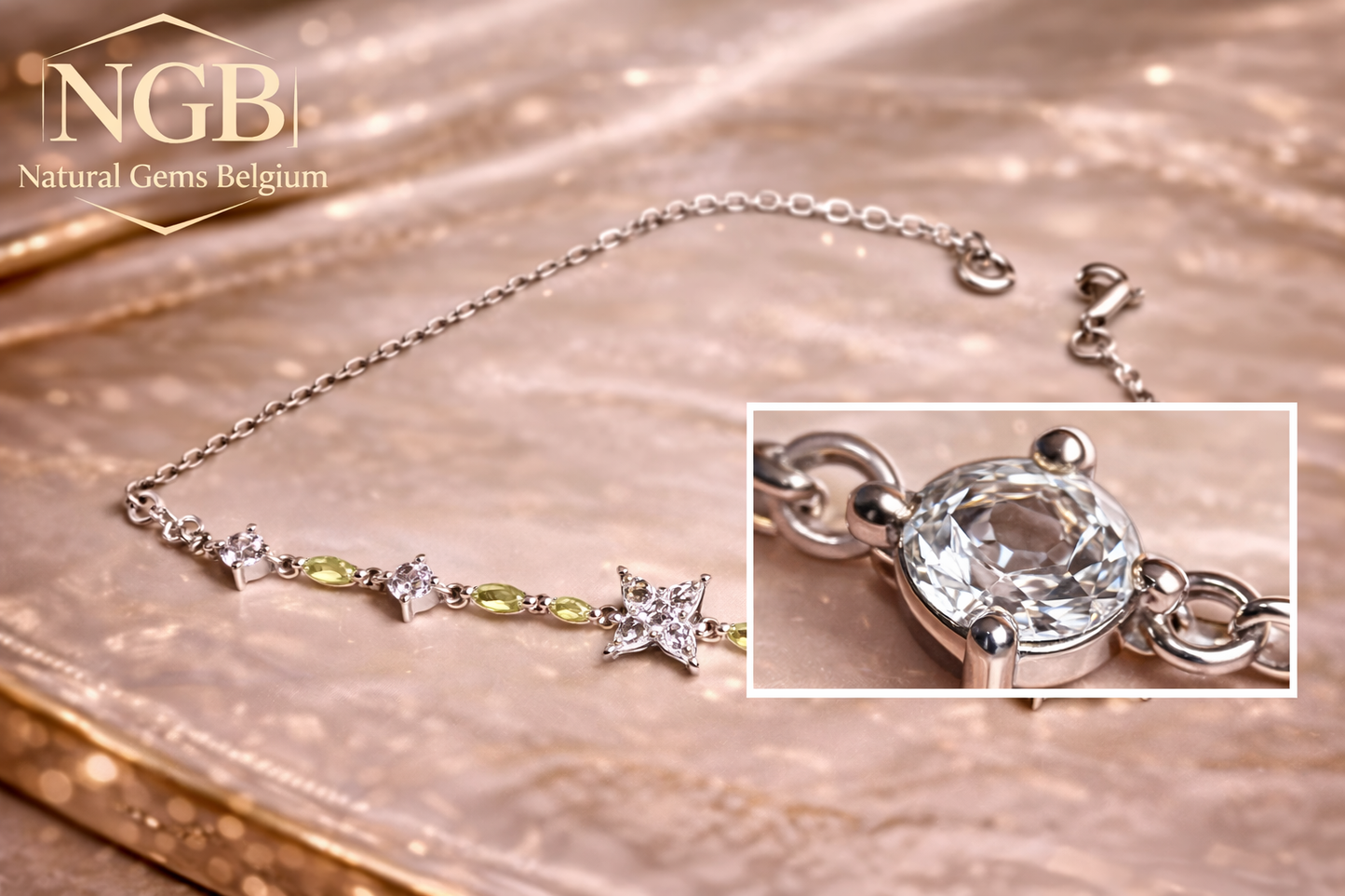 Silver bracelet with gemstones on a reflective surface, featuring NGB Natural Gems Belgium branding.
