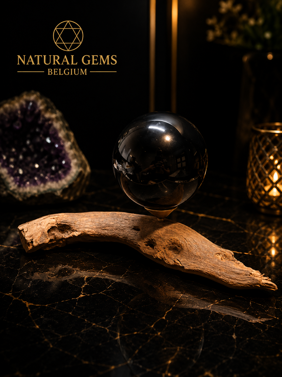 Black Obsidian Sphere (5.5 cm) with Handcrafted Natural Wooden Display Stand (17 cm) – Crystal Display Set