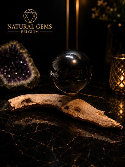 Black Obsidian Sphere (5.5 cm) with Handcrafted Natural Wooden Display Stand (17 cm) – Crystal Display Set