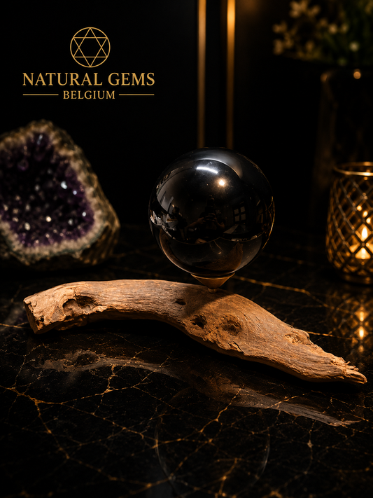 Black Obsidian Sphere (5.5 cm) with Handcrafted Natural Wooden Display Stand (17 cm) – Crystal Display Set