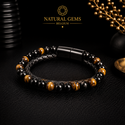 Bracelet double de luxe – Cuir noir, pierres de lave et œil de tigre – Fermoir magnétique – 21 cm