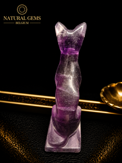 Hand Carved Fluorite Cat – 6.8 cm – Natural Fluorite Crystal Cat Sculpture – Collector's Decor