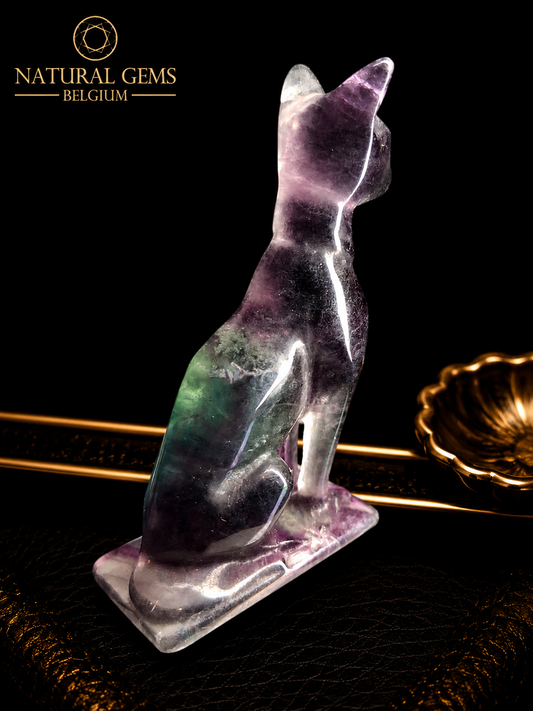 Hand Carved Rainbow Fluorite Cat – 6.9 cm | Natural Fluorite Crystal Carving | One of a Kind