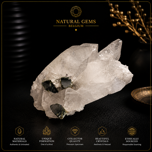 Tourmaline naturelle à coiffe verte sur un amas de cristaux de quartz – Spécimen minéral de collection – 227g