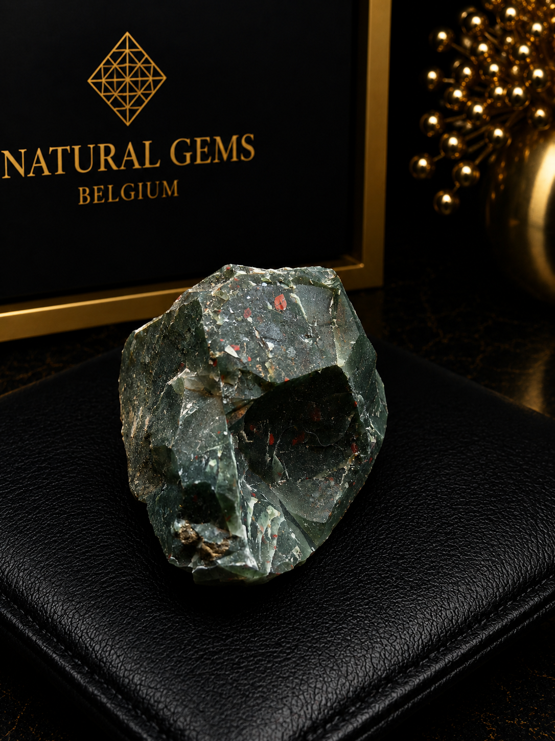 Raw green and red crystal on a black surface with 'Natural Gems Belgium' branding in the background.
