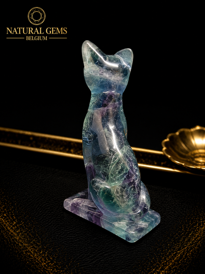 Hand Carved Fluorite Cat – 6.88 cm – Natural Fluorite Crystal Cat Sculpture – Collector's Decor