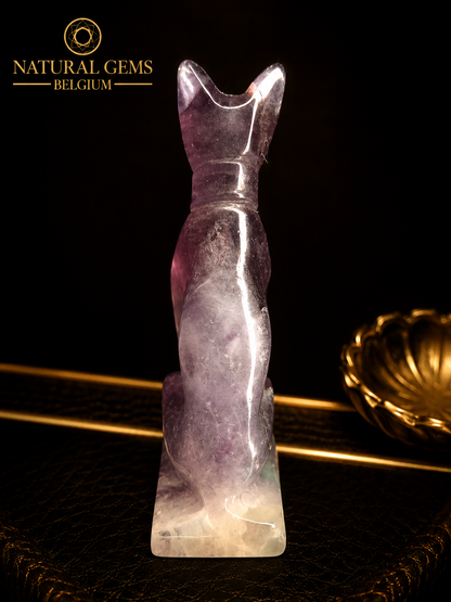Natural Rainbow Fluorite Cat Carving – 7.0 cm – Hand Carved Crystal Cat Figurine