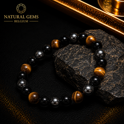 Natural Gold Tiger Eye, Hematite & Black Obsidian Bead Bracelet 8 mm – Genuine Gemstone Bracelet