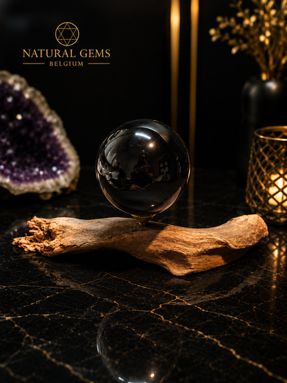 Black Obsidian Sphere (5.5 cm) with Handcrafted Natural Wooden Display Stand (17 cm) – Crystal Display Set