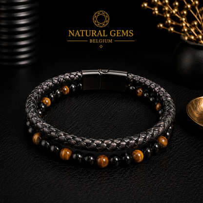 Bracelet double de luxe – Cuir noir, pierres de lave et œil de tigre – Fermoir magnétique – 21 cm