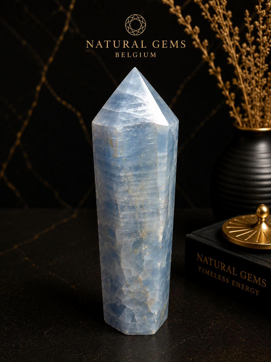 Natural Blue Calcite Crystal Tower – Polished Decorative Point – 14.5 cm - Natural Gems Belgium