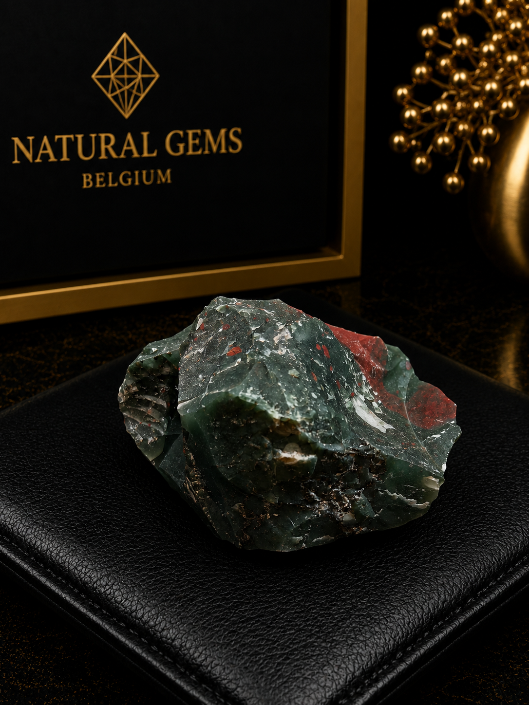 Raw green gemstone on a black surface with 'Natural Gems Belgium' branding in the background.