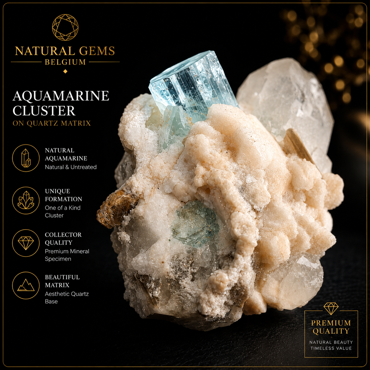 Amas d'aigue-marine naturelle sur matrice de quartz – Spécimen minéral de collection