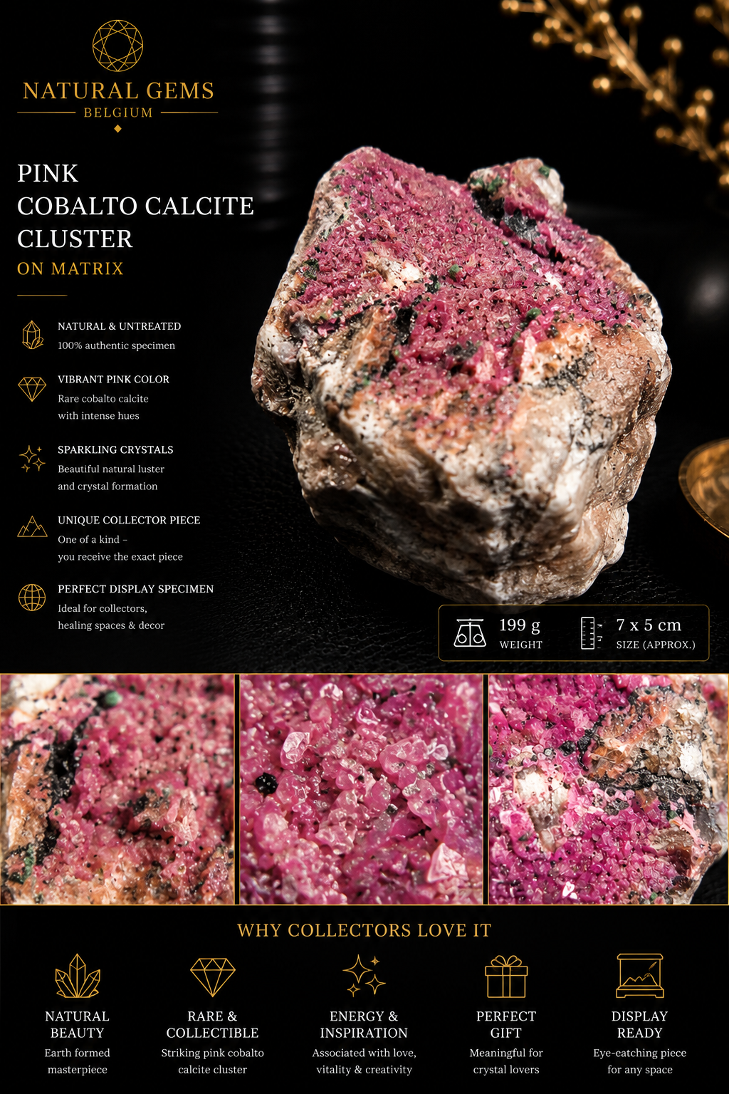 Amas de cristaux de calcite cobaltifère rose naturelle sur matrice – 199 g – Spécimen de collection