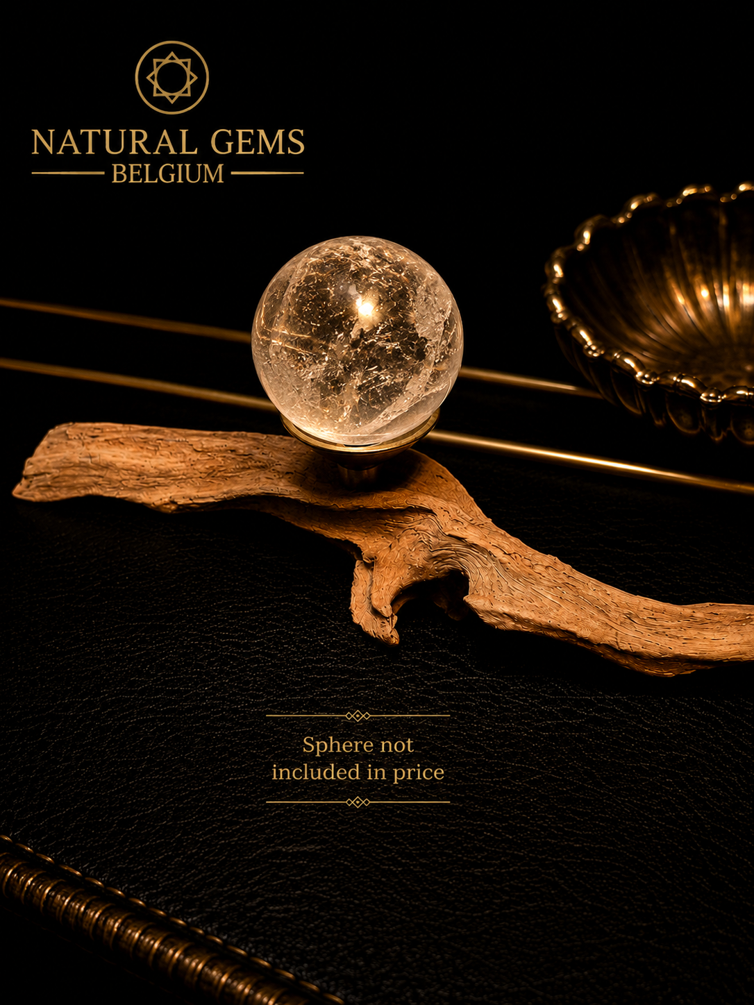 Natural Wooden Crystal Sphere Display Stand – 15 cm – Handcrafted Wood & Brass Sphere Holder