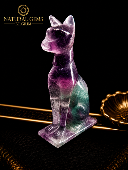 Hand Carved Rainbow Fluorite Cat – 6.9 cm | Natural Fluorite Crystal Carving | One of a Kind