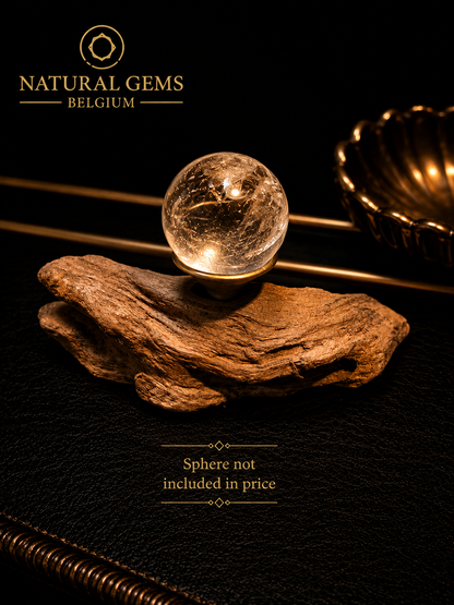 Natural Driftwood Crystal Sphere Display Stand with Brass Holder – 9 cm – Handmade Display Base