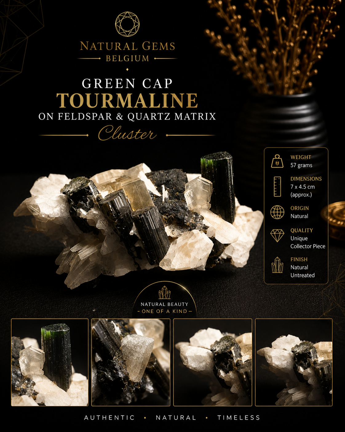 Natural Green Cap Tourmaline on Feldspar & Quartz Matrix – 57g Crystal Cluster Specimen - Natural Gems Belgium
