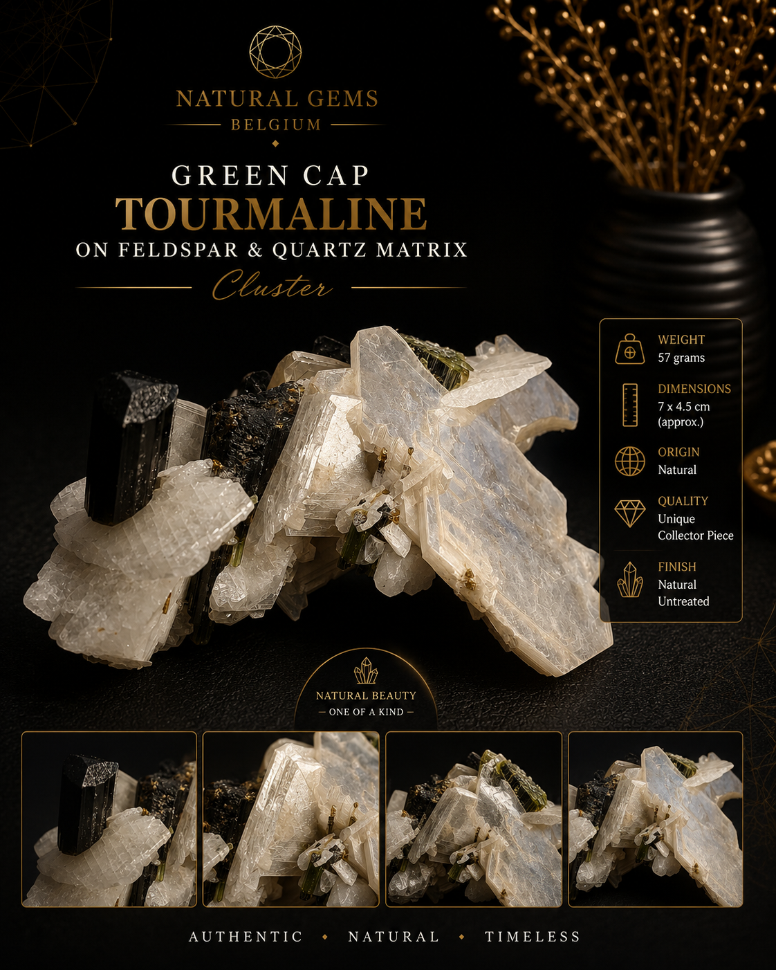 Natural Green Cap Tourmaline on Feldspar & Quartz Matrix – 57g Crystal Cluster Specimen - Natural Gems Belgium