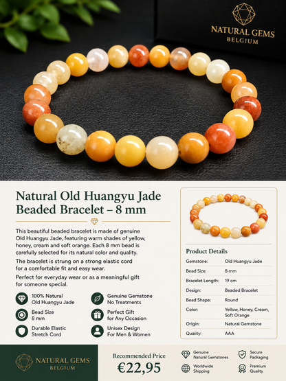 Natural Old Huangyu Jade Beaded Bracelet – 8 mm – 19 cm – Genuine Gemstone Bracelet