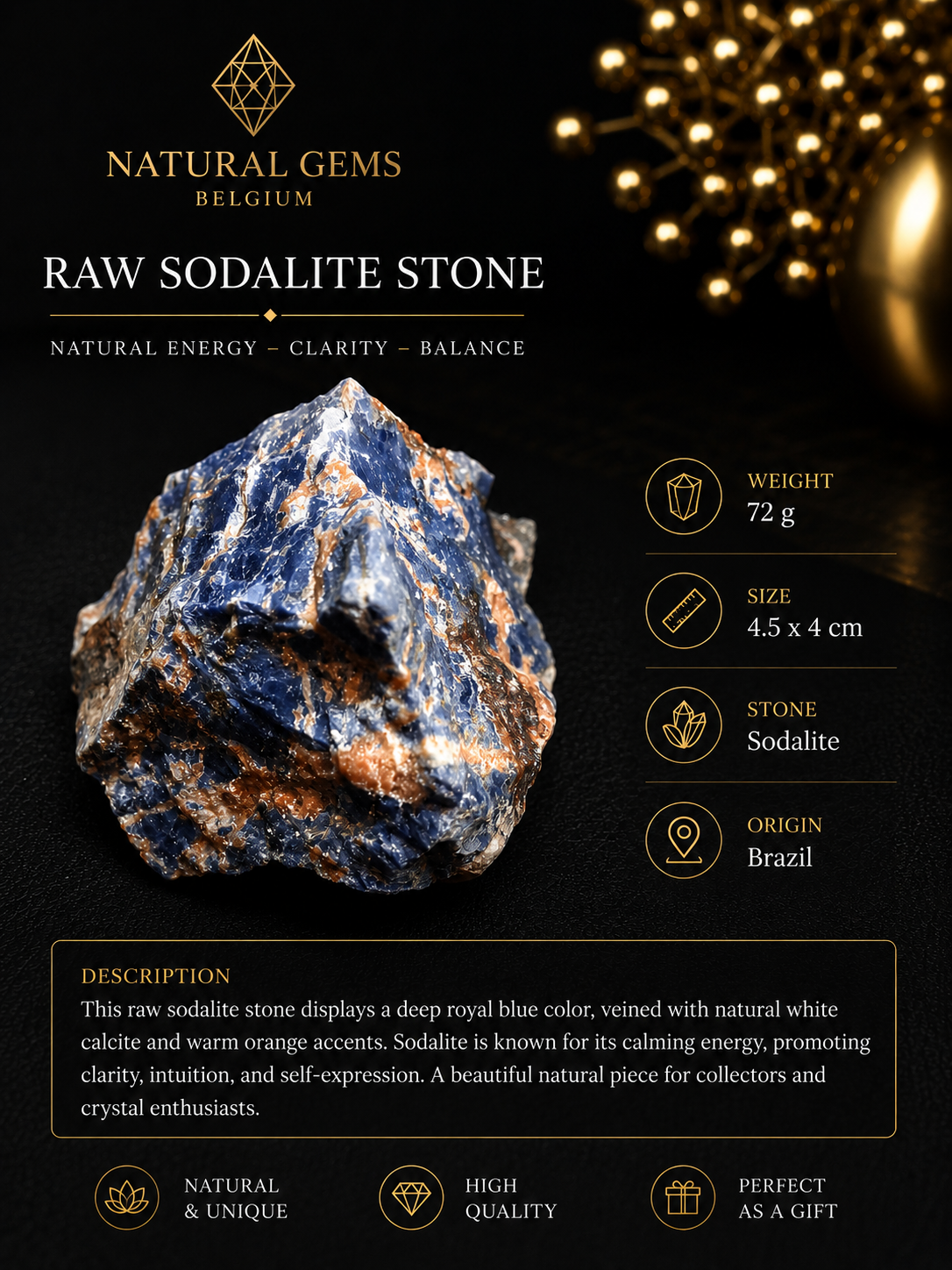 Natural Raw Sodalite Stone – Deep Blue Rough Sodalite Crystal – 72 g – 4.5 x 4 cm - Natural Gems Belgium