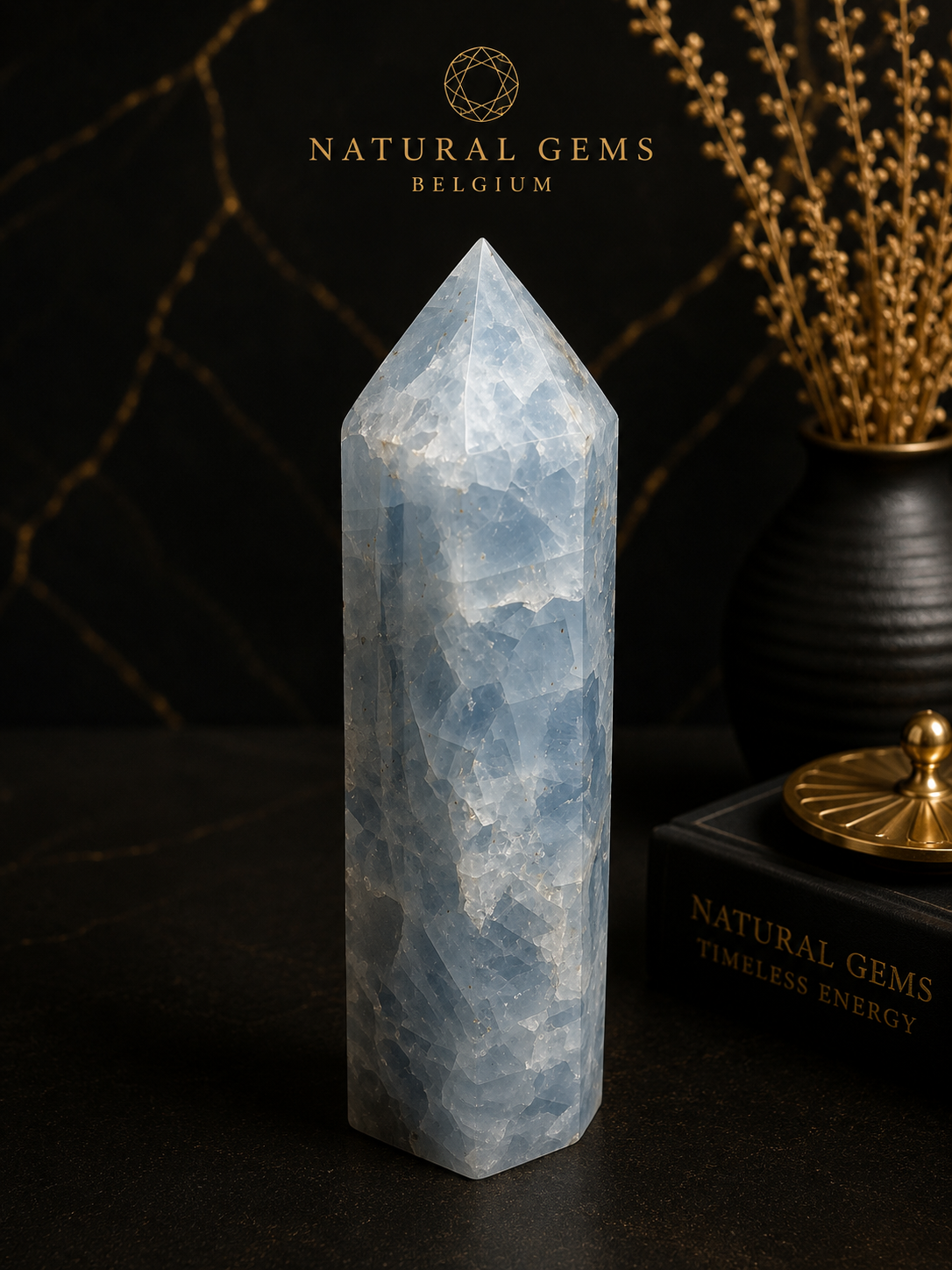 Natural Blue Calcite Crystal Tower – Polished Decorative Point – 14.5 cm - Natural Gems Belgium