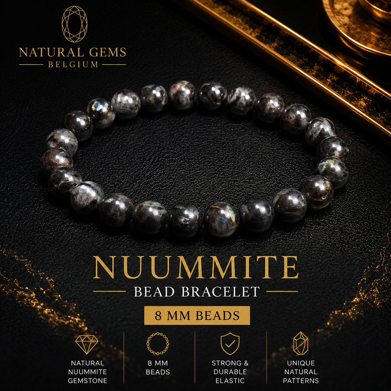 Nuummite Bead Bracelet – 8 mm Natural Nuummite Gemstone Beads