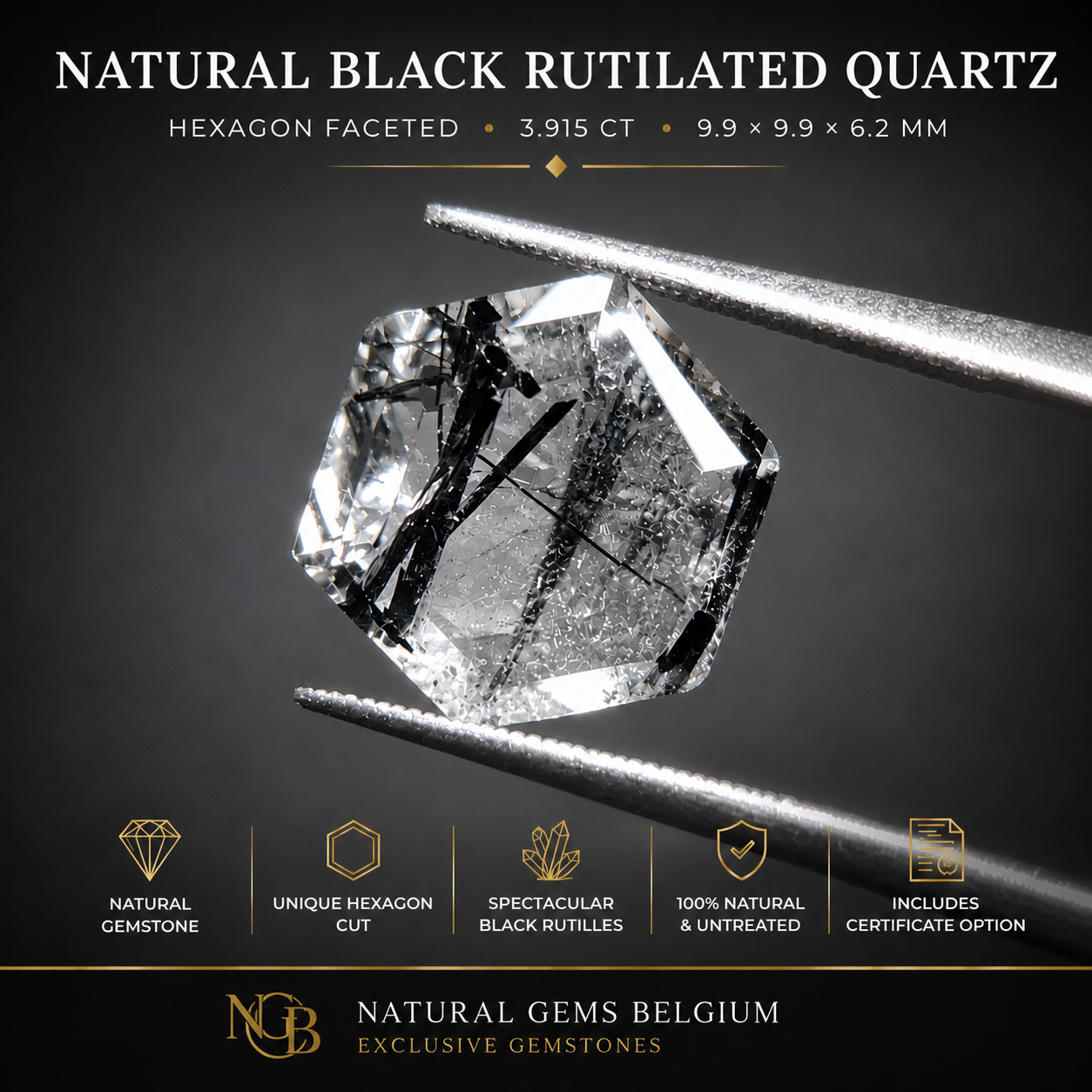 Natural Black Rutilated Quartz – Hexagon Faceted – 3.915 ct – 9.9 × 9.9 × 6.2 mm